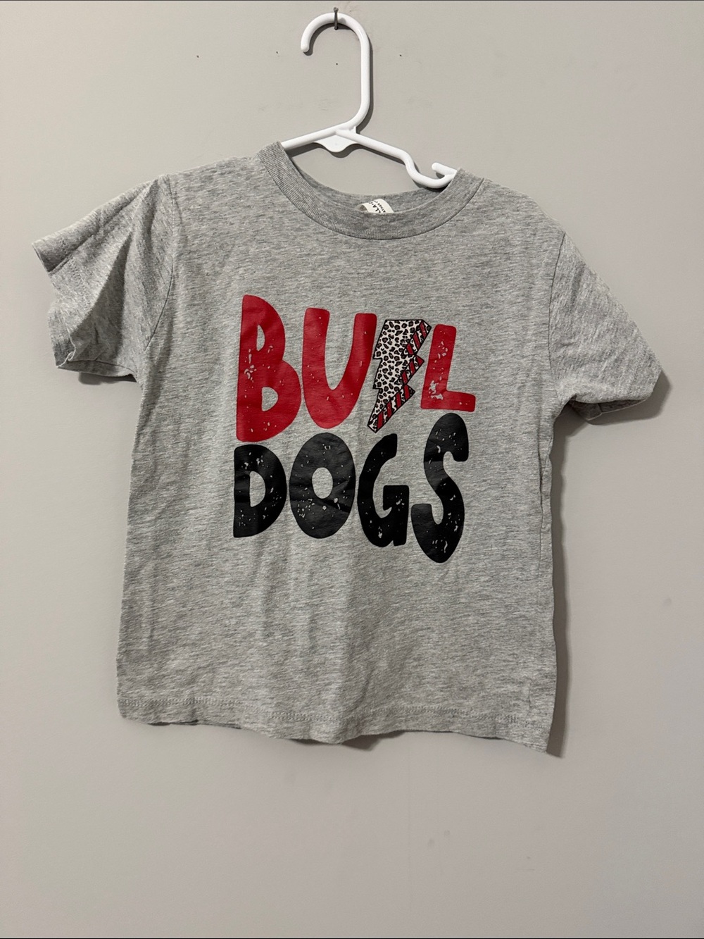 Bulldogs Graphic Pet T‑Shirt — Gray with Red & Black Print-Size 4T